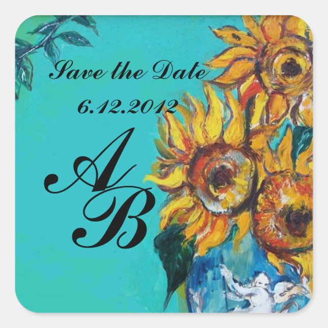 SUNFLOWERS IN BLUE TEAL Save the Date Monogram Square Sticker (Front)