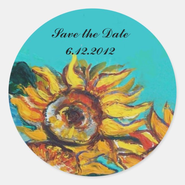 SUNFLOWERS IN BLUE TURQUOISE Save the Date Classic Round Sticker (Front)