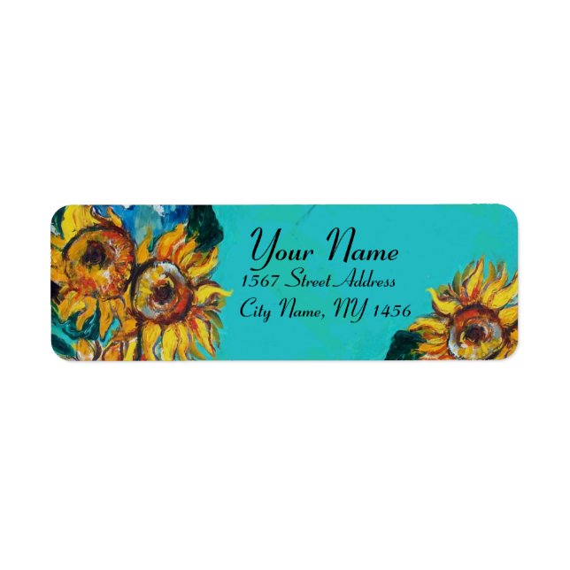 SUNFLOWERS IN BLUE TURQUOISE ,SUMMER PARTY RETURN ADDRESS LABEL (Front)