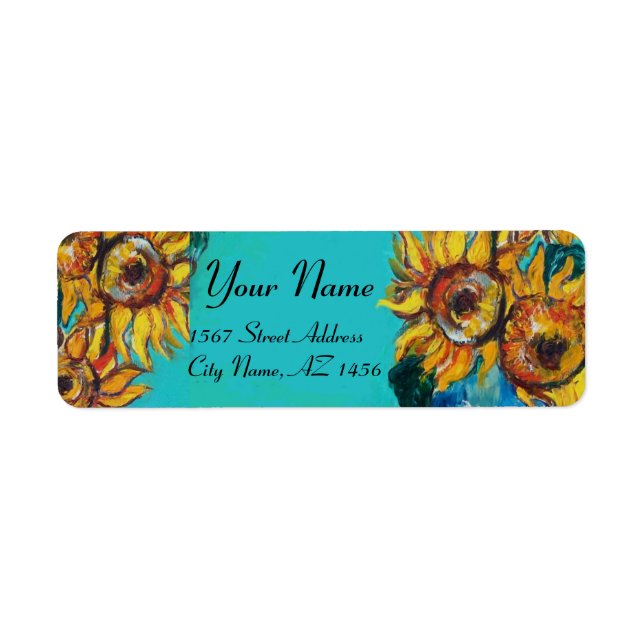 SUNFLOWERS IN BLUE TURQUOISE ,SUMMER PARTY RETURN ADDRESS LABEL (Front)