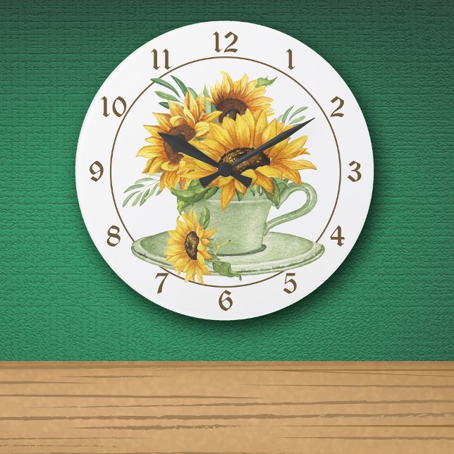 Sunflowers in Coffee Cup and Saucer Farmhouse Large Clock (Creator Uploaded)