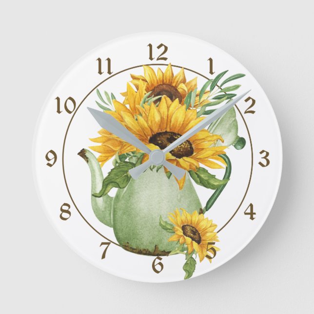 Sunflowers in Coffee Pot Pitcher Farmhouse Round Clock (Front)