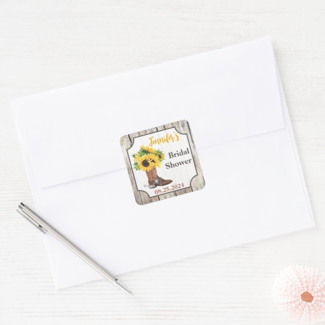 Sunflowers in Cowboy Boot Bridal Shower Square Sticker (Envelope)