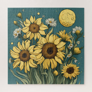 Sunflowers in Full Moon Van Gogh Style Floral  Jigsaw Puzzle
