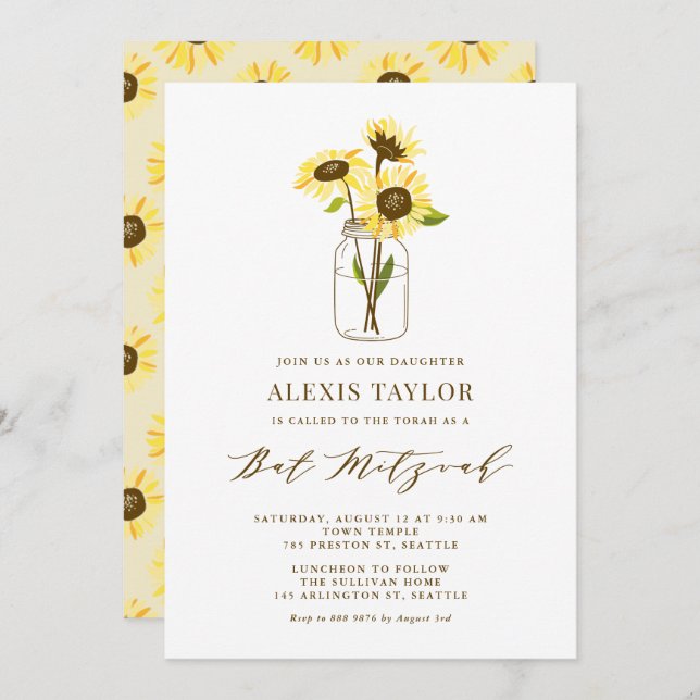 Sunflowers in Mason Jar Bat Mitzvah Invitation (Front/Back)