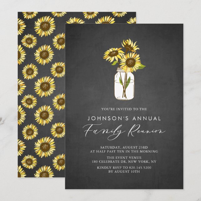 Sunflowers in Mason Jar Chalkboard Family Reunion Invitation (Front/Back)