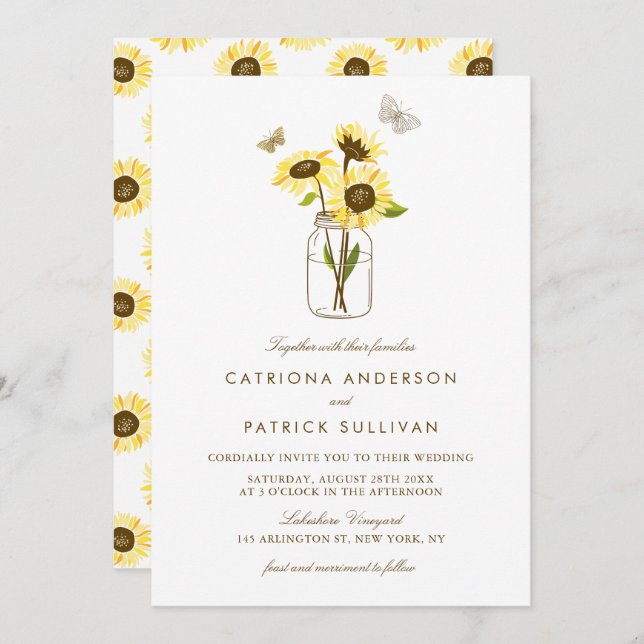 Sunflowers in Mason Jar Country Rustic Wedding Invitation (Front/Back)