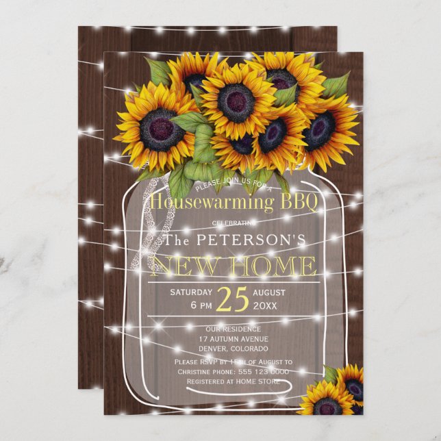 Sunflowers in mason jar housewarming bbq invitation (Front/Back)