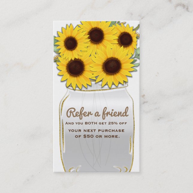 Sunflowers in Mason Jar Rustic Chic Refer a Friend Referral Card (Front)