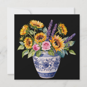 Sunflowers in the vase. Watercolours.  Holiday Card