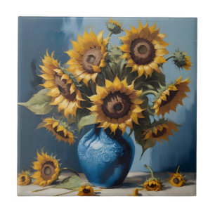 Sunflowers in vase ceramic tile