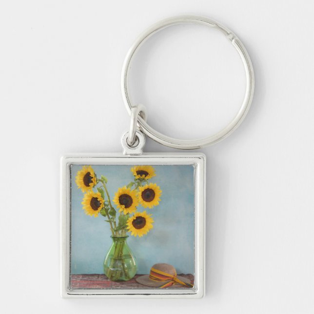 Sunflowers in vase on table key ring (Front)