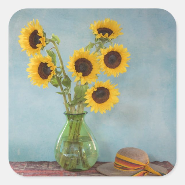 Sunflowers in vase on table square sticker (Front)
