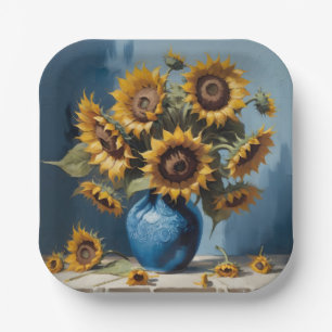 Sunflowers in vase paper plate