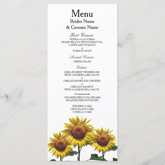 Sunflowers Inexpensive Wedding Packages Sets Kits Menu (Front)