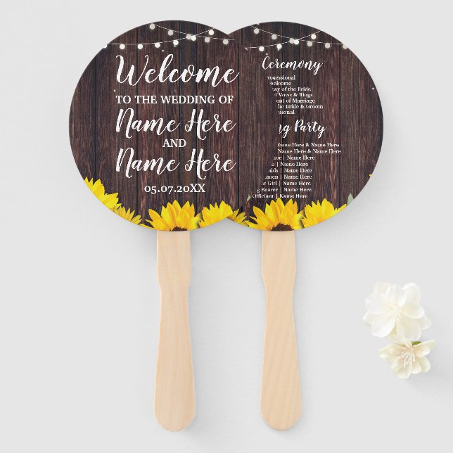 Sunflowers Jar Wood Wedding Programme Wood Fan (Front and Back)