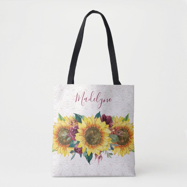 Sunflowers Lace Watercolor Burgundy Floral Tote Bag (Front)