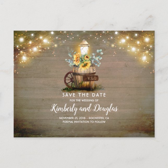 Sunflowers Lantern Rustic Fall Save the Date Announcement Postcard (Front)
