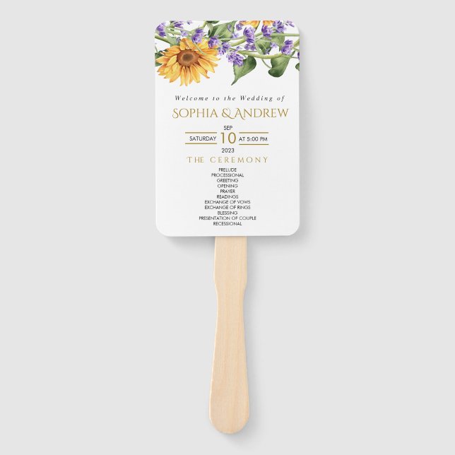 Sunflowers & Lavander Rustic Wedding Program Hand Fan (Front)
