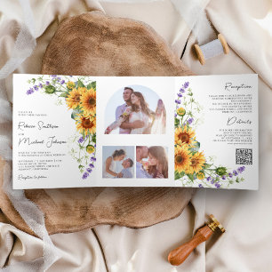 Sunflowers Lavender All in One QR Code Wedding Tri-Fold Invitation