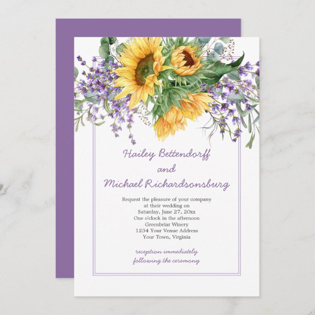 Sunflowers, Lavender, Eucalyputs Wedding Invitation (Front/Back)