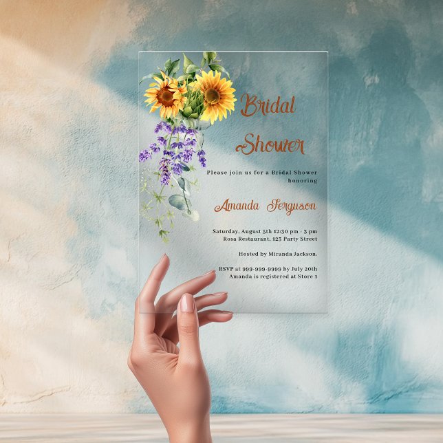 Sunflowers lavender florals clear Bridal Shower Acrylic Invitations (Creator Uploaded)