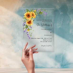 Sunflowers lavender florals clear wedding acrylic invitations