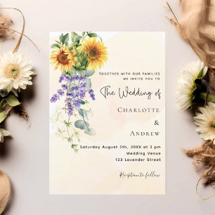 Sunflowers lavender florals eucalyptus wedding invitation