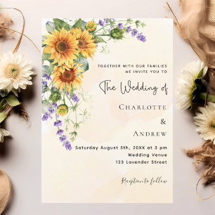 Sunflowers lavender florals golden wedding invitation