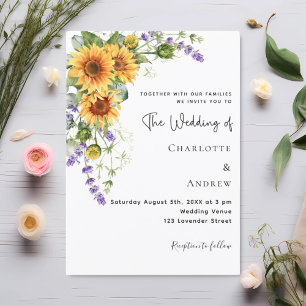 Sunflowers lavender florals wedding invitation