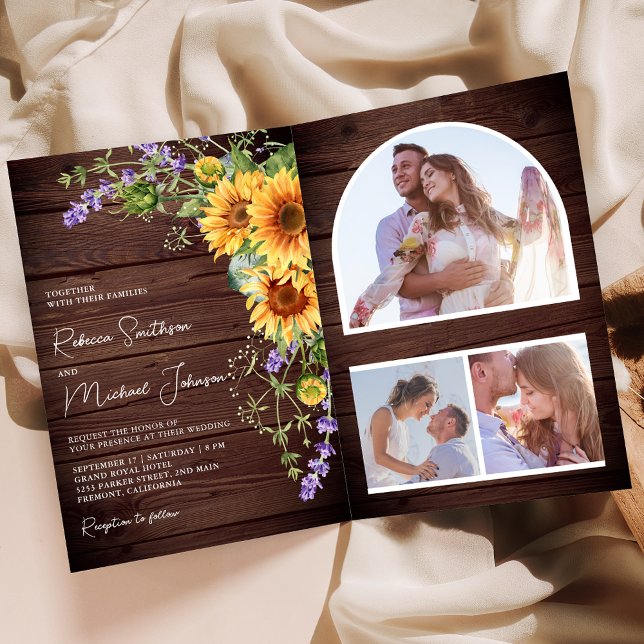 Sunflowers Lavender QR Code Wood Wedding Invitation (Creator Uploaded)