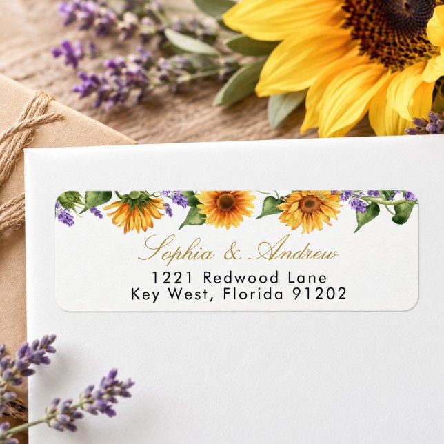 Sunflowers & Lavender Return Address Label (Sunflower and lavender floral wedding address label, personalized with names and address)