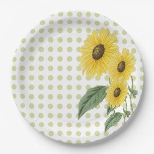 Sunflowers Light Green Polkadots on White Custom Paper Plate