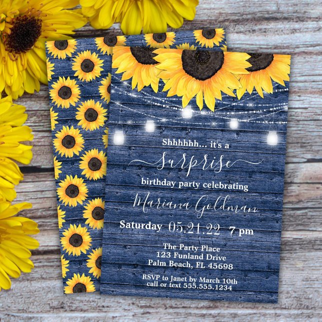 Sunflowers Lights Blue Surprise Birthday Party Invitation (Creator Uploaded)