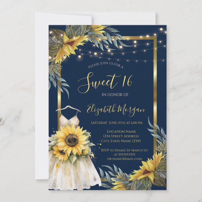 Sunflowers,Lights,Dress Wood Texture Sweet 16 Invitation (Front)