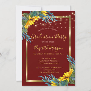 Sunflowers,Lights, Wood Red Graduation Party Invitation