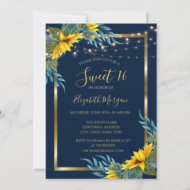 Sunflowers,Lights, Wood Texture Sweet 16 Invitation (Front)