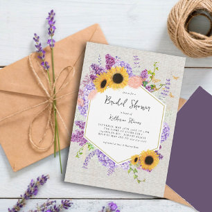 Sunflowers Lilac Hexagon Rustic Chic Bridal Shower Invitation