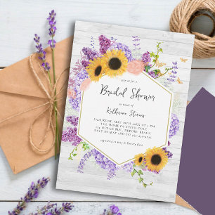 Sunflowers Lilac Hexagon Rustic Wood Bridal Shower Invitation