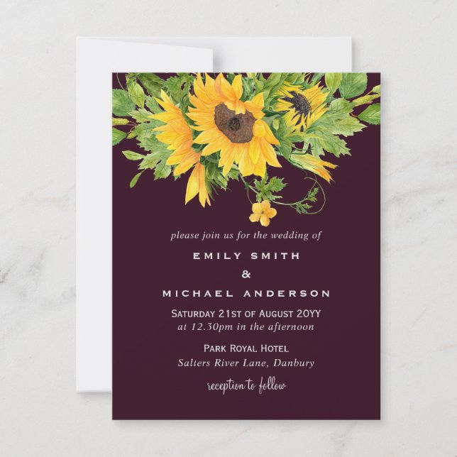 Sunflowers Maroon Yellow Wedding Invtiations Holiday Card (Front)