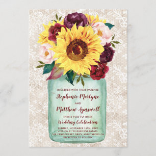 Sunflowers Mason Jar Burgundy Floral Lace Wedding Invitation