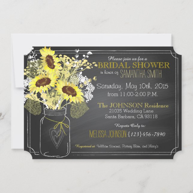 Sunflowers Mason Jar Chalkboard Bridal Shower Invitation (Front)