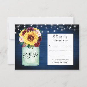 Sunflowers Mason Jar Navy Blue Wedding RSVP Card