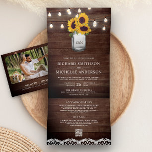 Sunflowers Mason Jar String Lights QR Code Wedding Tri-Fold Invitation