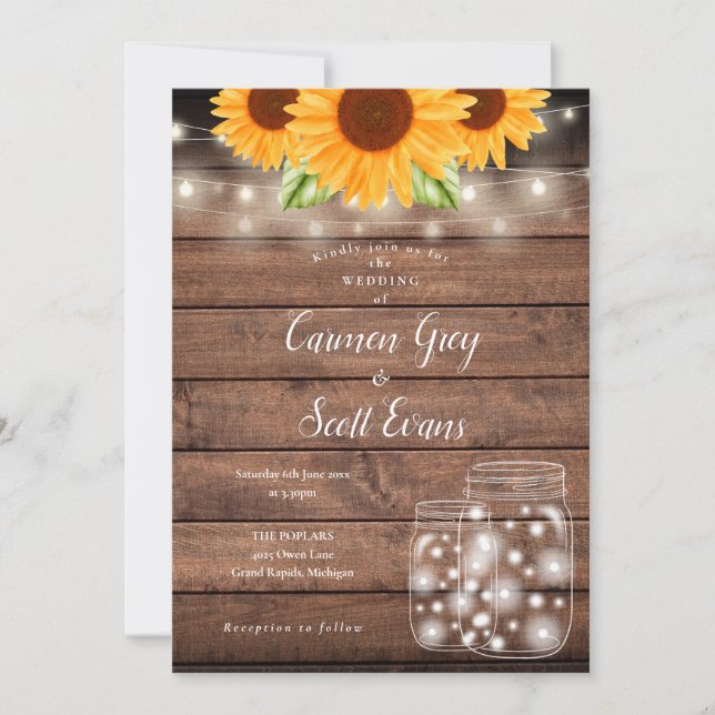 Sunflowers Mason Jar String Lights Wood Wedding Invitation (Front)