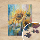 Sunflowers Modern Abstract Floral Painting  Jigsaw Puzzle<br><div class="desc">A vibrant modern abstract impressionist style painting of sunflowers. The artwork features textured brushstrokes in bold yellow, blue, and green hues. The dynamic brushwork and lively colours create a sense of movement, capturing the beauty and energy of the sunflowers in a fresh, contemporary style. The rich textures and expressive strokes...</div>