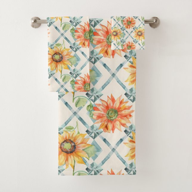 Sunflowers Modern Watercolor floral Bath Towel Set (Insitu)