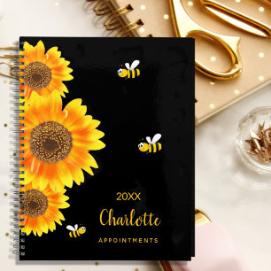 Sunflowers monogram cute bees black planner