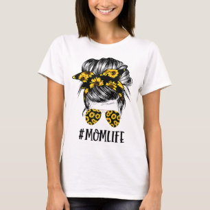 Sunflowers Mum Life Mum Skull Bun Hair Sunglasses  T-Shirt