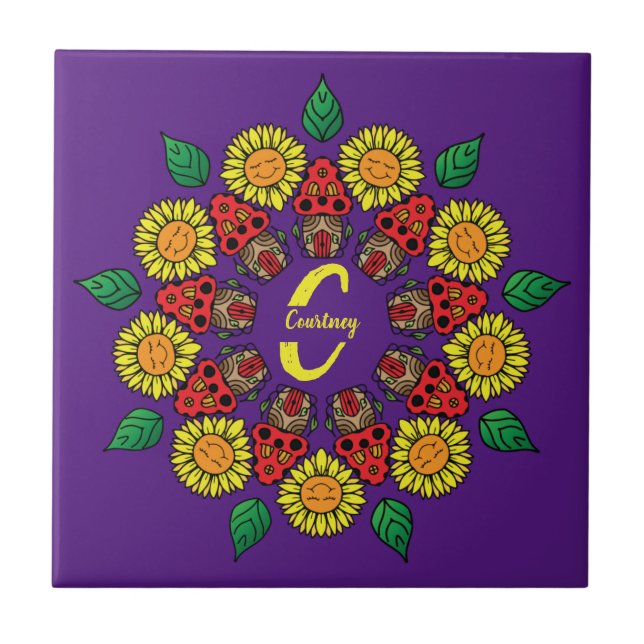 Sunflowers & Mushrooms Personalised Mandala Purple Ceramic Tile (Front)
